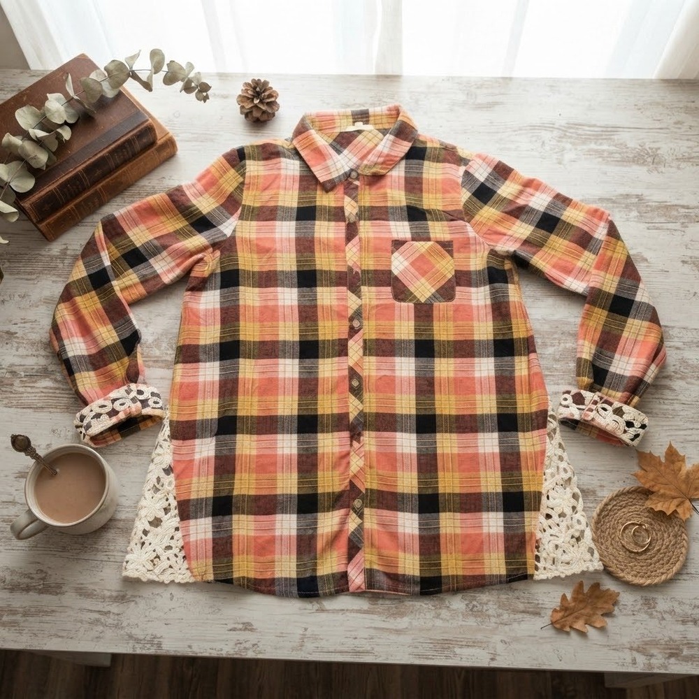Hem & Thread Orange Plaid Lace Side Panel Button Down Shirt Women Small S